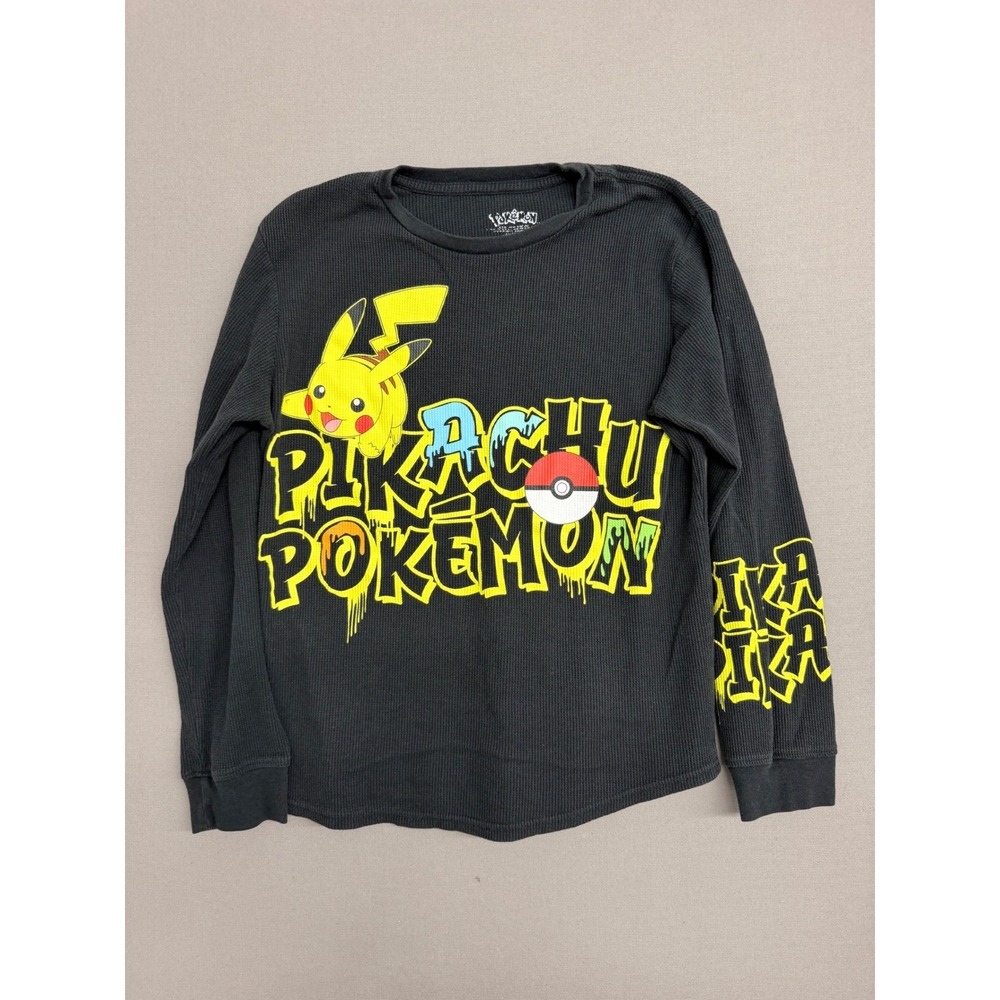 Pokemon Pikachu Long Sleeve Thermal Shirt Boys XL Black Waffle Knit Graffiti